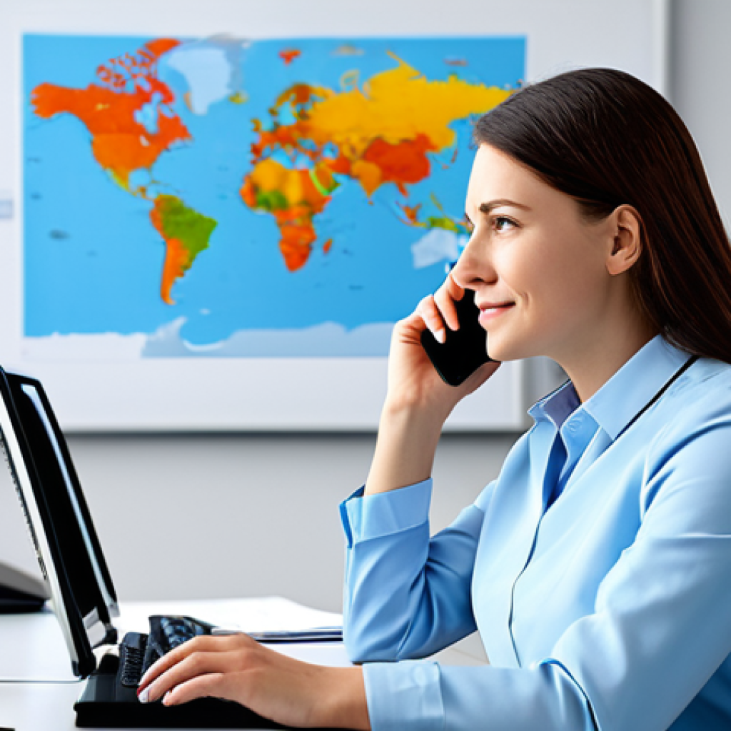 A professional medical tourism coordinator, fully clothed in modest business attire, is seated calmly at a modern desk, on a phone call, exhibiting a composed and reassuring demeanor while expertly navigating an unexpected challenge. The background features a subtly blurred, contemporary office setting with a world map, implying global coordination. This image conveys a sense of efficient crisis management and empathetic support, safe for work, appropriate content, perfect anatomy, correct proportions, natural pose, well-formed hands, proper finger count, professional photography, high quality.