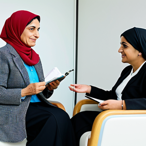 A professional female medical coordinator, of Middle Eastern descent, in a modest business blazer and skirt, kindly engaging in a reassuring conversation with an elderly female patient, also of Middle Eastern descent, wearing a conservative dress and headscarf. They are seated in a modern, brightly lit hospital lounge with comfortable chairs and subtle, elegant decor. The coordinator is holding a small notebook, listening intently to the patient, who looks calm and trusts the coordinator. The scene emphasizes empathy and clear communication. fully clothed, modest clothing, appropriate attire, professional dress, perfect anatomy, correct proportions, natural pose, well-formed hands, proper finger count, natural body proportions, safe for work, appropriate content, family-friendly, professional photography, high resolution, soft natural lighting.