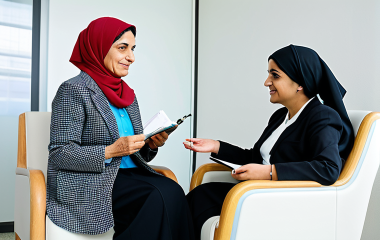 A professional female medical coordinator, of Middle Eastern descent, in a modest business blazer and skirt, kindly engaging in a reassuring conversation with an elderly female patient, also of Middle Eastern descent, wearing a conservative dress and headscarf. They are seated in a modern, brightly lit hospital lounge with comfortable chairs and subtle, elegant decor. The coordinator is holding a small notebook, listening intently to the patient, who looks calm and trusts the coordinator. The scene emphasizes empathy and clear communication. fully clothed, modest clothing, appropriate attire, professional dress, perfect anatomy, correct proportions, natural pose, well-formed hands, proper finger count, natural body proportions, safe for work, appropriate content, family-friendly, professional photography, high resolution, soft natural lighting.