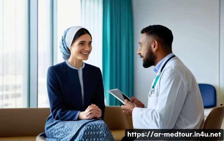 의료관광코디네이터 연봉 실태 - **A Compassionate Connection**
    A wide shot of a bright, modern hospital reception area, tasteful...