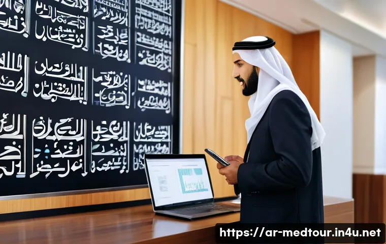 의료관광코디네이터 자격증 후기 - A professional Middle Eastern medical tourism coordinator in traditional business attire, attentivel...