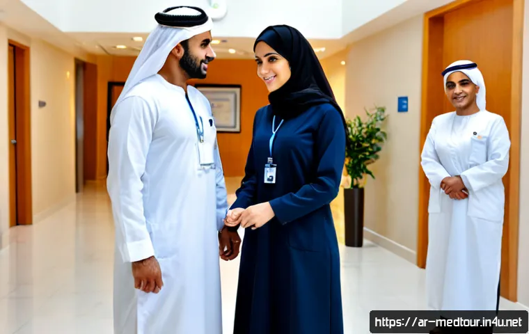 의료관광코디네이터 자격증 취득 후 진로 - Photorealistic medical tourism coordinator career scene in a modern private hospital in Dubai, confi...